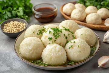 Bowl filled with bread dumplings, golden-brown liquid, garnished with fresh herbs. Concept of delicious bread dumplings and Canederli, perfect for culinary displays.