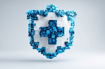 Obraz premium 3D Pixelated Shield Icon with a Plus Sign