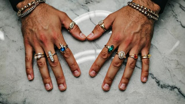 Hands Adorned with Rings and Bracelets Forming a Heart Shape on Marble