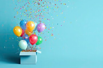 Colorful Balloons and Confetti Burst from a Gift Box on a Light Blue Background