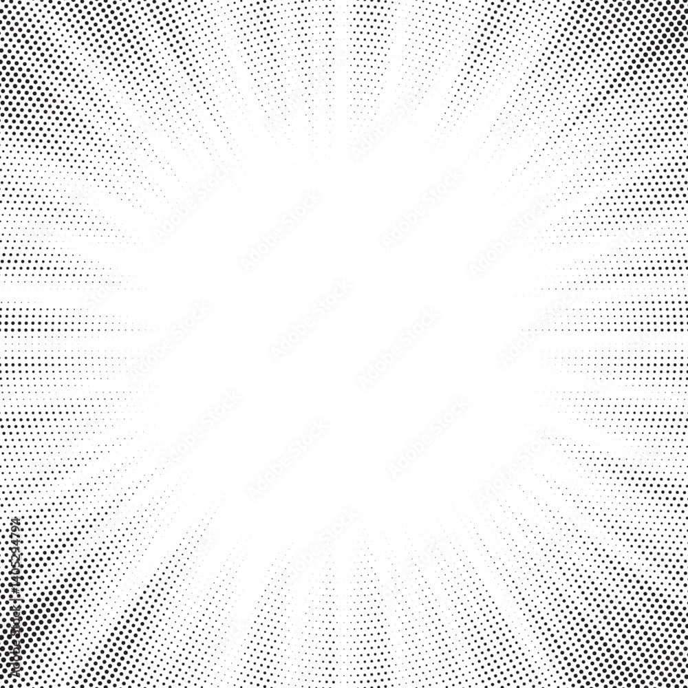 Fototapete Halftone gradient sun rays pattern. abstract halftone vector dots background. monochrome dots pattern. pop art, comic small dots. star rays halftone poster. shine, explosion. sunrise rays background.