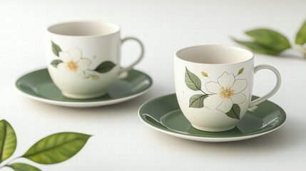 Two white mugs with green floral designs sit on matching green saucers, accompanied by green leaves.