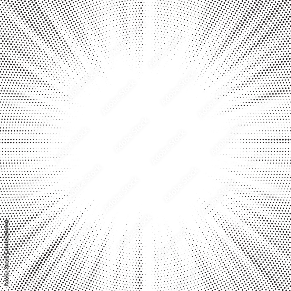 Poster Halftone gradient sun rays pattern. abstract halftone vector dots background. monochrome dots pattern. pop art, comic small dots. star rays halftone poster. shine, explosion. sunrise rays background.