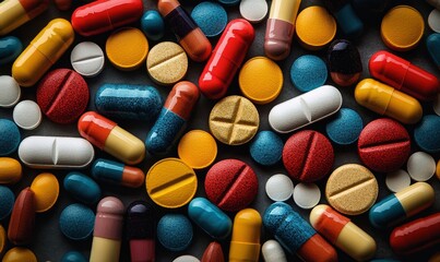 An array of multicolored pharmaceutical pills and capsules, including opioids, vitamins, and a variety of medicines, scattered across a surface, representing healthcare and medication