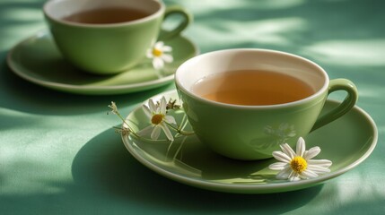 Two green cups of tea with white flowers on a green saucer.