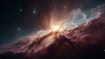 Fiery nebula with swirling red and white gases, illuminating a dark cosmic backdrop speckled with stars