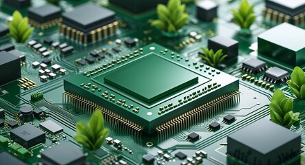 green theme Environmental sensor integration chip 3d render concept background design