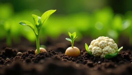 Newly sprouted potato plants emerge beside young cauliflower in a spring allotment , seedling, crop, cultivation
