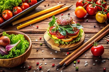 Delicious Veggie Burger: A mouthwatering veggie burger, adorned with fresh lettuce, juicy tomatoes, and sesame seeds, sits on a rustic wooden board.