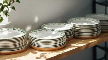 A wooden shelf with stacks of plates and a plant.
