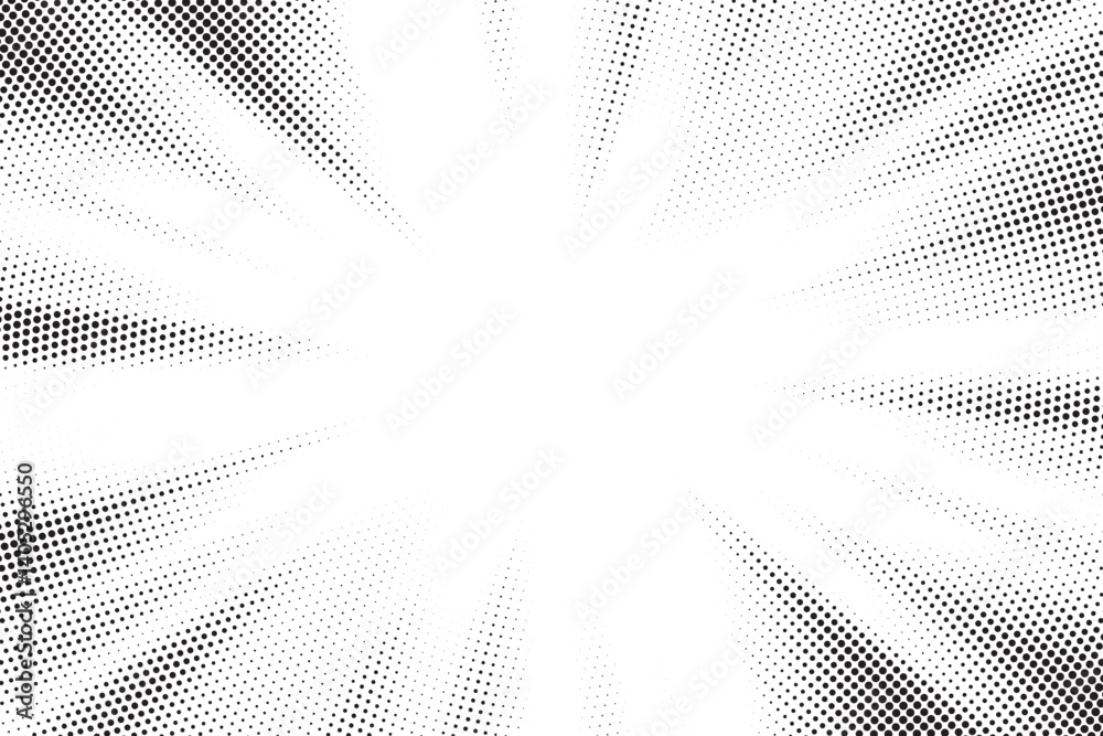 Poster Halftone gradient sun rays pattern. Abstract halftone vector dots background. monochrome dots pattern. Vector background in comic book style with sunburst rays and halftone. Retro pop art design.