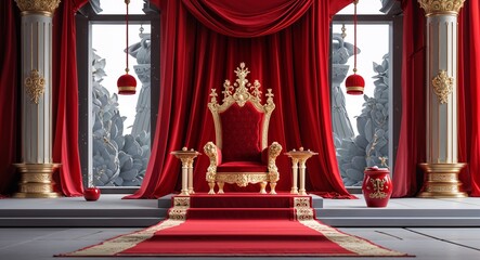Fototapeta premium red theme royal throne chamber 3d render concept background design