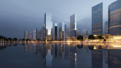 Obraz premium Modern City Skyline Reflecting in Calm Water at Dusk