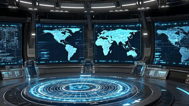 Futuristic Control Room with Digital World Maps and Data Visualizations on Screens

