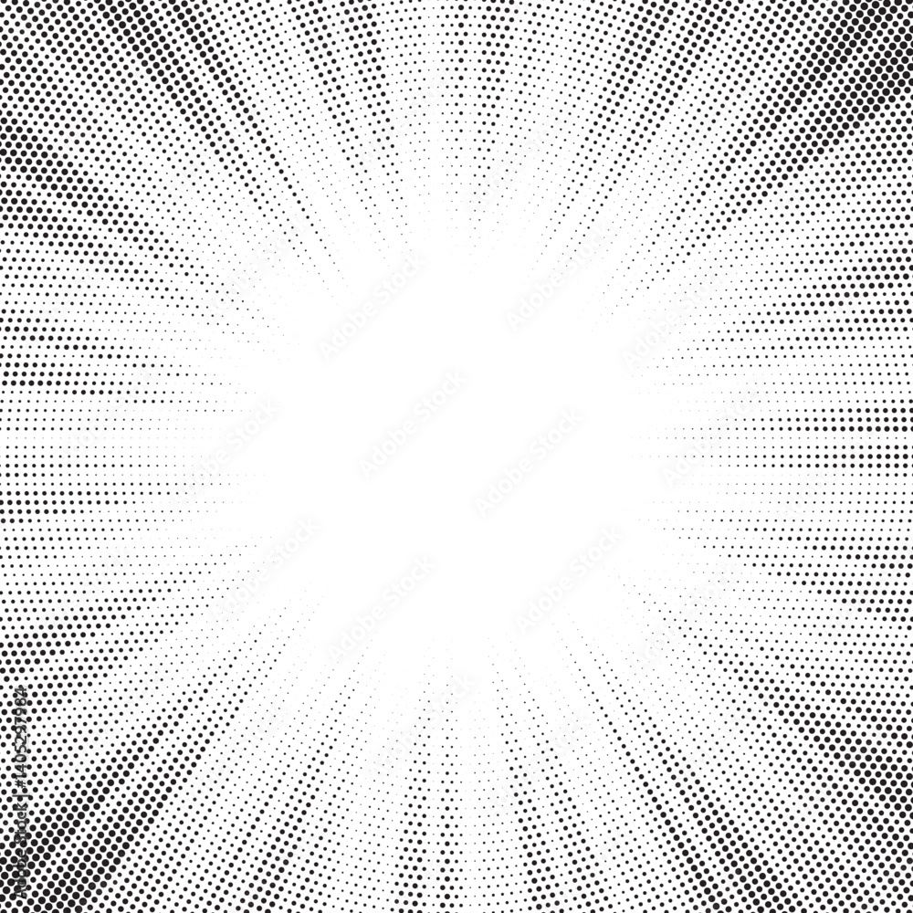 Leinwandbilder Halftone gradient sun rays pattern. Abstract halftone vector dots background. monochrome dots pattern. Vector background in comic book style with sunburst rays and halftone. Retro pop art design.