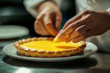 Close-up of hands spreading yellow, sticky substance over custard pastry tart on white plate. Concept of custard pastry tart evokes warmth, culinary delight, Cantonese Egg Tart inspiration.