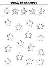 Stars. Draw by example. Black and white. Visual perception game for kids. Isolated vector illustration eps 10
