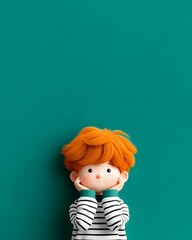 Cute cartoon boy with orange hair against teal background