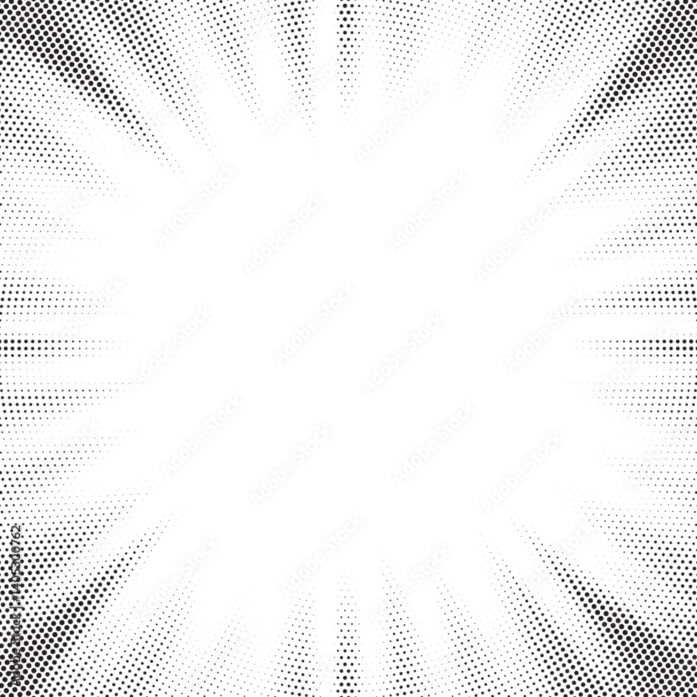 Leinwandbilder Halftone gradient sun rays pattern. Abstract halftone vector dots background. monochrome dots pattern. Vector background in comic book style with sunburst rays and halftone. Retro pop art design.