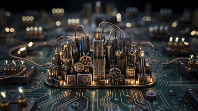 Close-up of mechanical gears intertwined with digital circuits, representing the convergence of traditional machinery and futuristic technology in a dynamic setting. AI generated 4k resolution image.