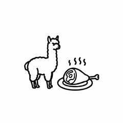 Llama looking at delicious roasted meat on a plate