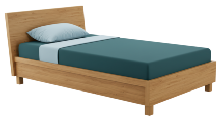 Isolated Wooden Bed with Blue Bedding