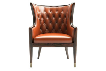 Luxurious brown leather armchair with dark wood frame elegant tufted design isolated on black background