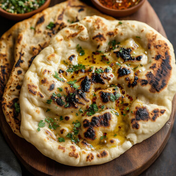 fresh baked naan bread on trable