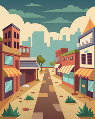 A once lively town center now dull and deserted the local businesses having shuttered due to lack of customers.. Vector illustration