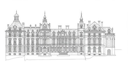 Black and White Line Art of a Renaissance Palace