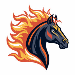 Create a bold vector illustration of a fiery horse head with thick, vibrant strokes.  Flames should be detailed.