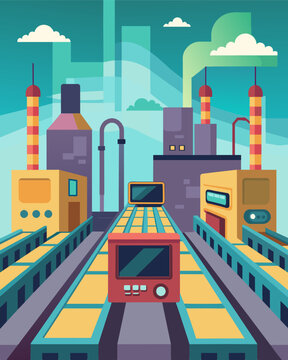 An abandoned factory with conveyor belts full of untouched production line machinery and outdated computer systems.. Vector illustration