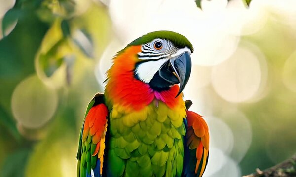 Burung beo berwarna warni sedang hinggap di dahan 