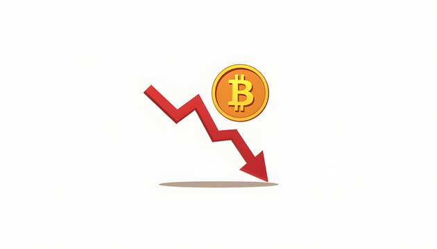 Bitcoin price decline represented by a downward arrow on beige background  