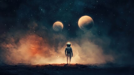 Astronaut on an Alien Planet, Gazing at Celestial Bodies