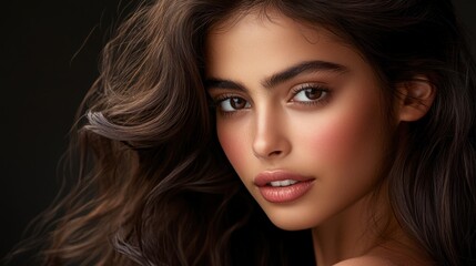 Fototapeta premium Portrait of a brunette woman with wavy hair and glowing skin on dark background