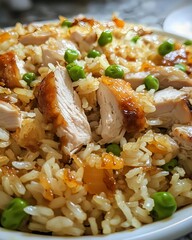 closeup of fried rice with grilled duck and vegetables