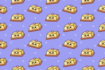 Seamless pattern with cute kawaii vector yellow covered butter dish with woody elements. Illustration isolated on blue, purple background. Wooden kawaii adorable kitchen equipment, kitchenware