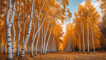 Obraz premium Birch Tree Forest In Autumn With Golden Leaves And A Light Blue Sky