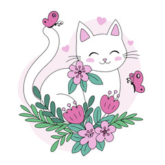 Cute cartoon white cat with flowers