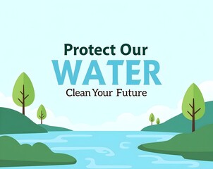 Peaceful river landscape with stylized trees and hills in blue and green tones, featuring a water conservation message: "Protect Our Water, Clean Your Future."
