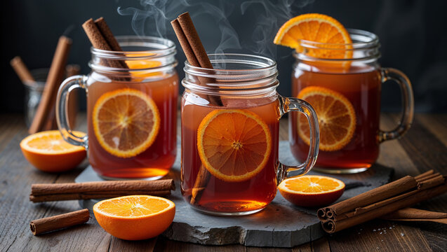 Steaming Spiced Orange Cider Drink In Mason Jars With Cinnamon Sticks - Powered by Adobe