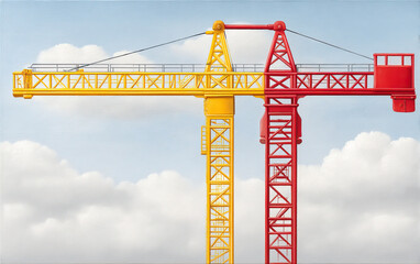 Brightly colored tower cranes in construction site against blue sky with fluffy clouds create vibrant scene
