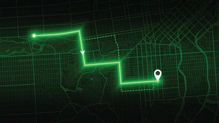 Green Smart Navigation Route Across San Francisco City Map at Night