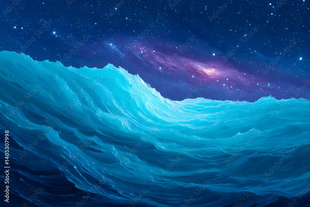 Wall mural celestial ocean waves under a starry night sky. generative ai