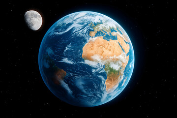 Fototapeta premium Earth and moon in space, detailed view of continents and oceans. Generative AI