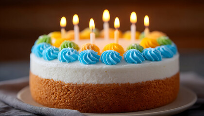 Festive birthday cake with lit candles and colorful frosting. Generative AI