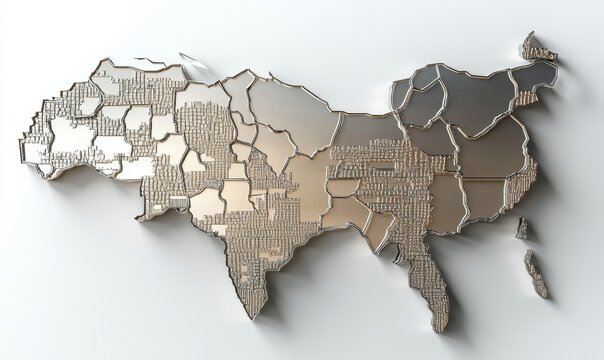 Metallic East Asia map, regional divisions, white background, geographical data visualization
