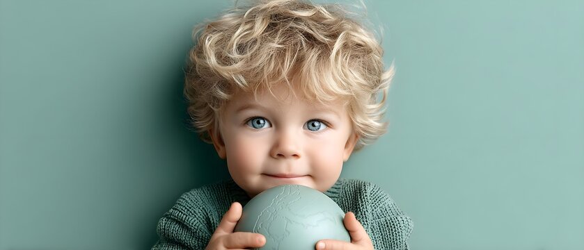 Young child holding a globe with a gentle smile