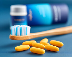 Oral hygiene products bamboo toothbrush, yellow pills, and toothpaste. Generative AI